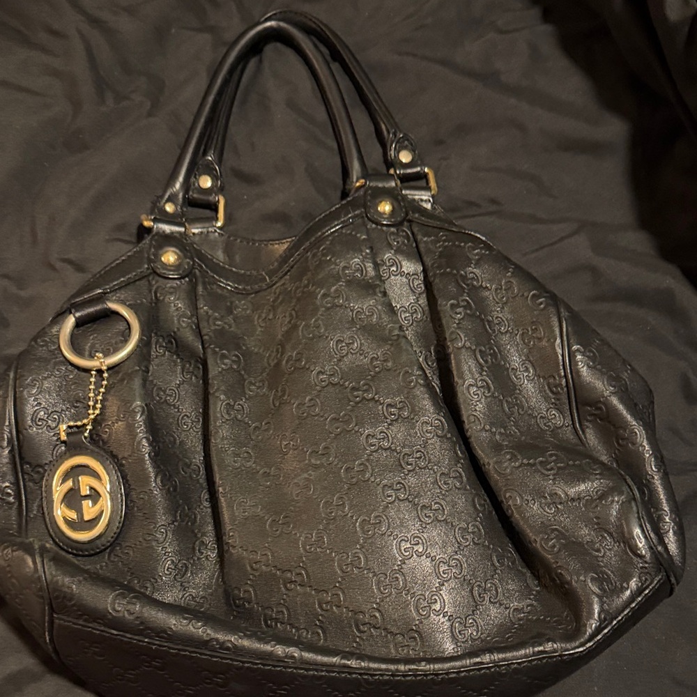 Gucci Black Embossed GG Leather Tote with Gold Charm